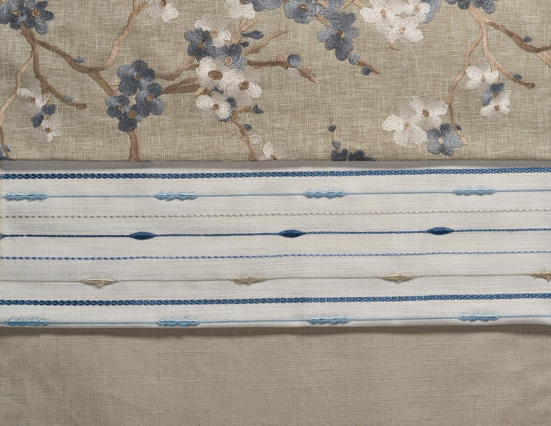 tan fabric with blue floral