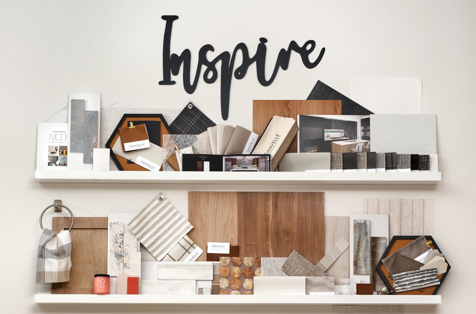 Inspiration wall with fabrics and textures for home design.
